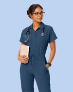 Women's Camp Collar Jumpsuit Ocean - Scrubloop