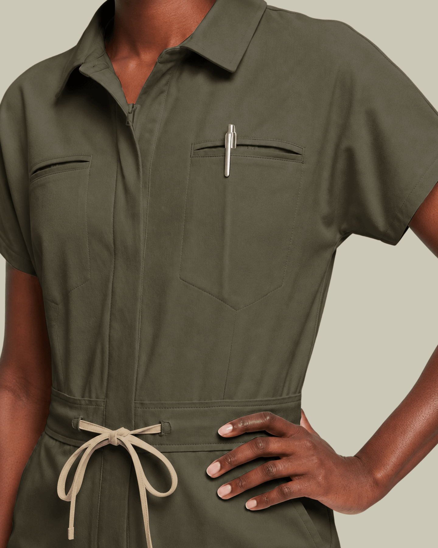 Women's Camp Collar Jumpsuit Olive - Scrubloop