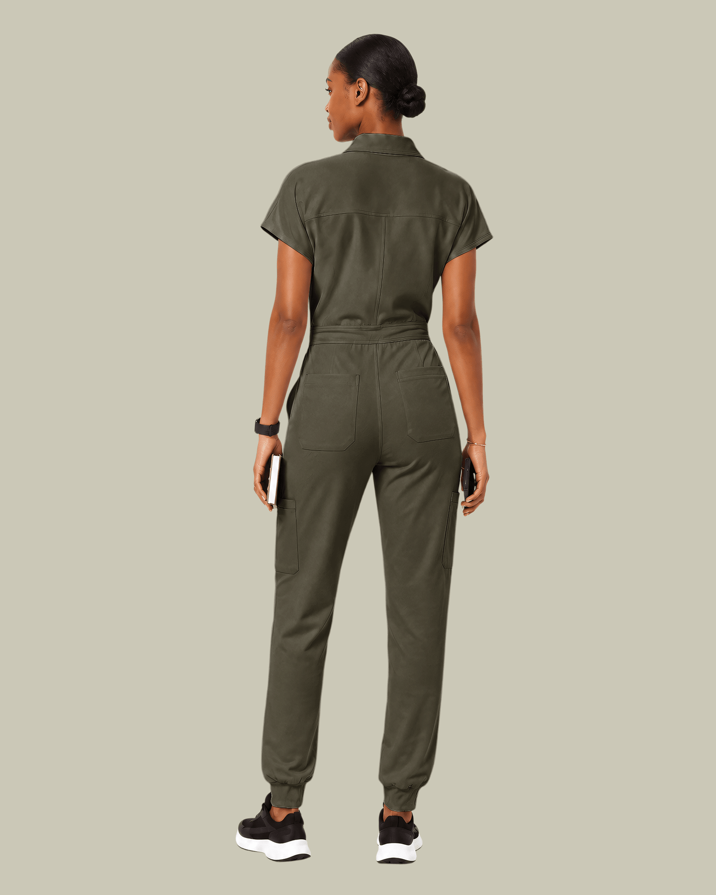 Women's Camp Collar Jumpsuit Olive - Scrubloop