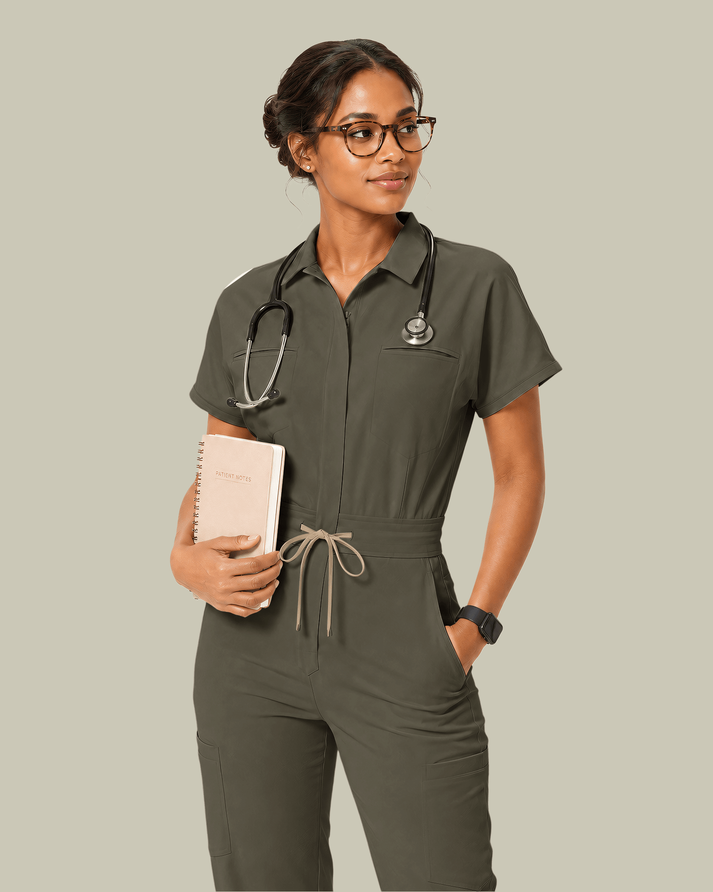 Women's Camp Collar Jumpsuit Olive - Scrubloop