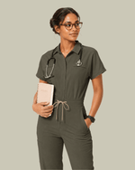 Women's Camp Collar Jumpsuit Olive - Scrubloop