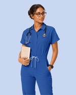 Women's Camp Collar Jumpsuit Royal Blue - Scrubloop