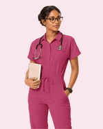 Women's Camp Collar Jumpsuit Wild Berry - Scrubloop