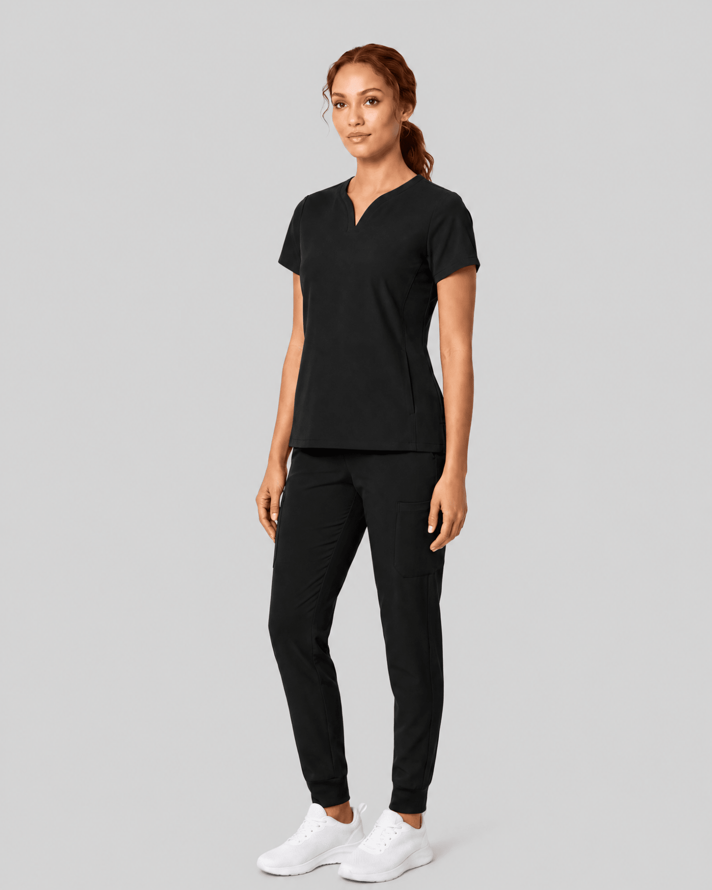 Women's Curved V-neck Top Black - Scrubloop