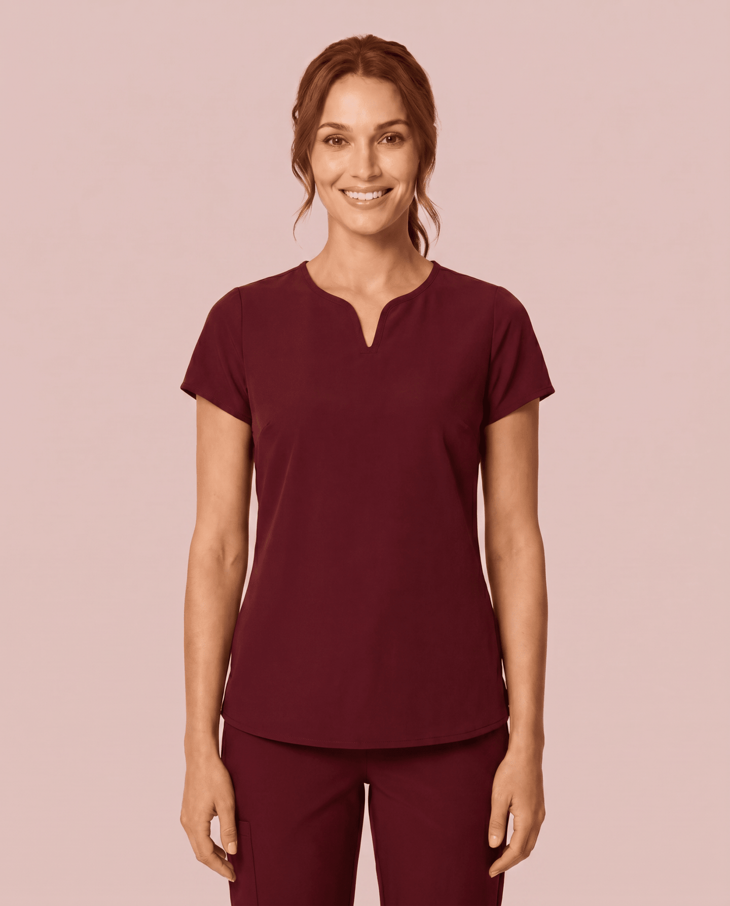 Women's Curved V-neck Top Burgundy - Scrubloop
