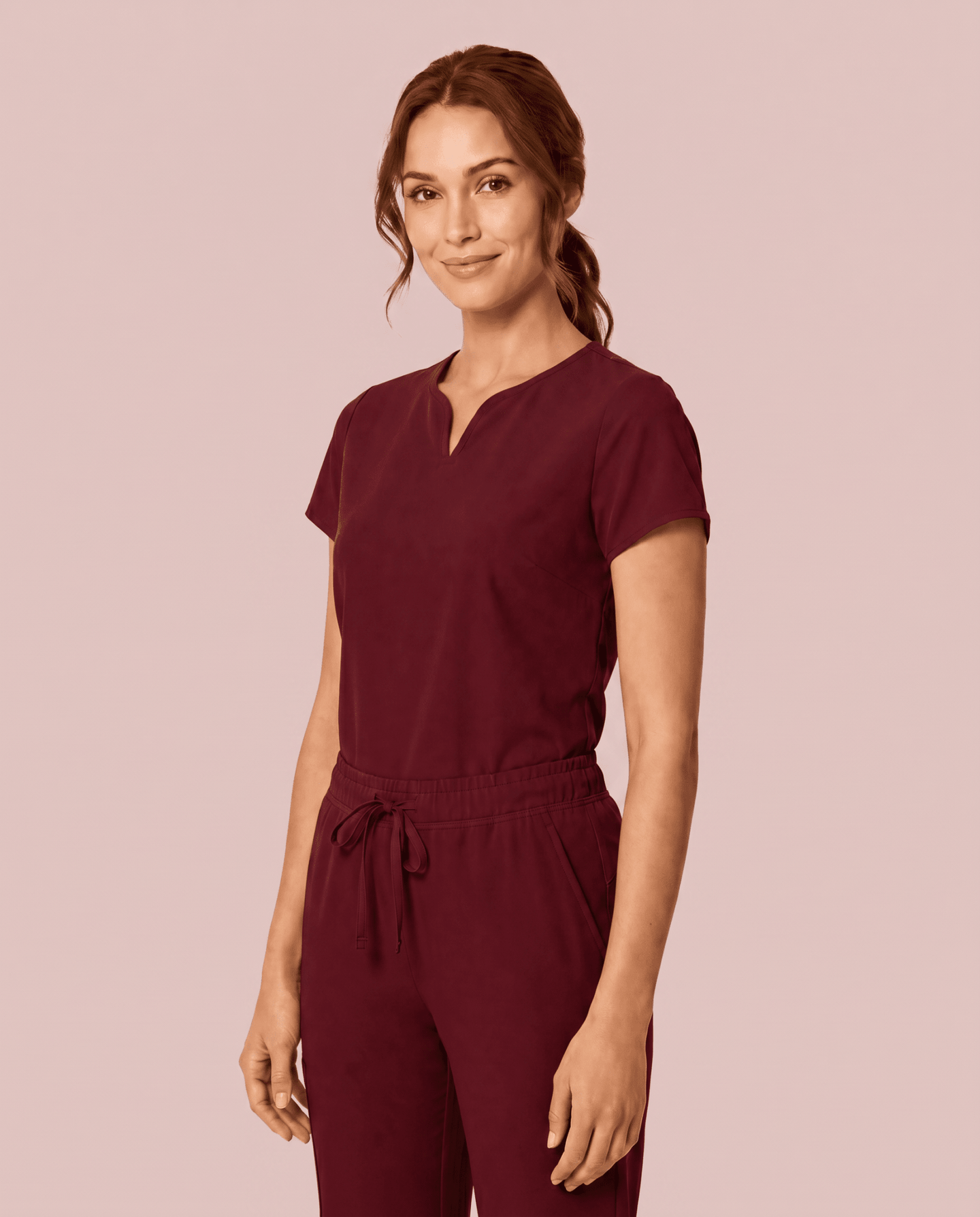 Women's Curved V-neck Top Burgundy - Scrubloop