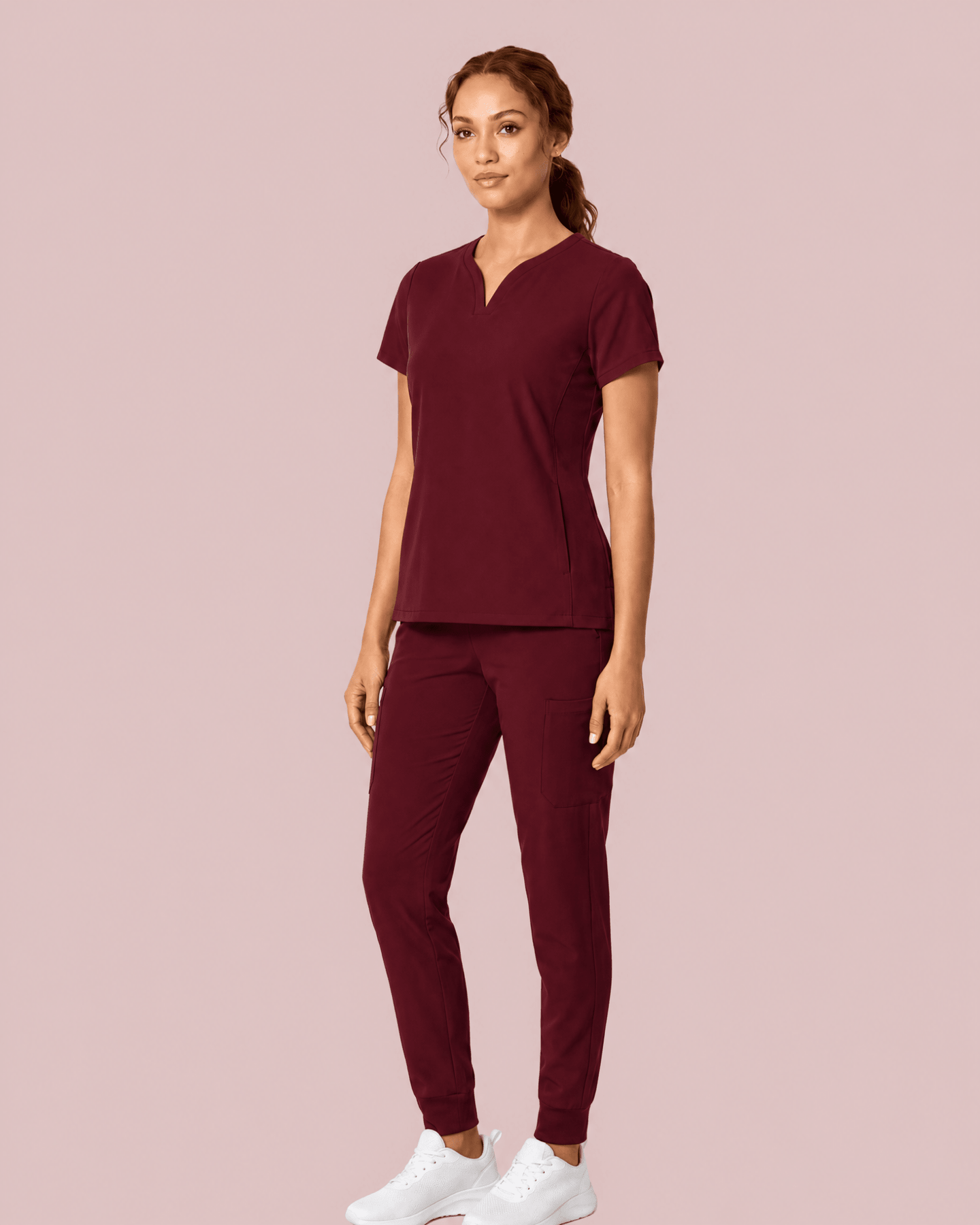 Women's Curved V-neck Top Burgundy - Scrubloop