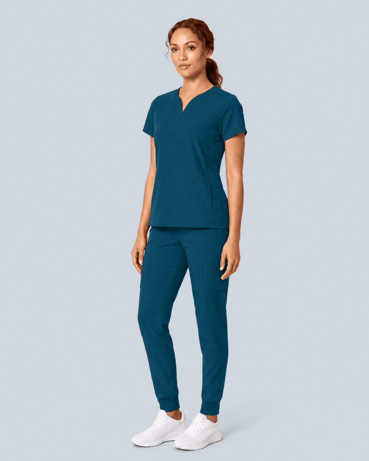 Women's Curved V-neck Top Caribbean Blue - Scrubloop