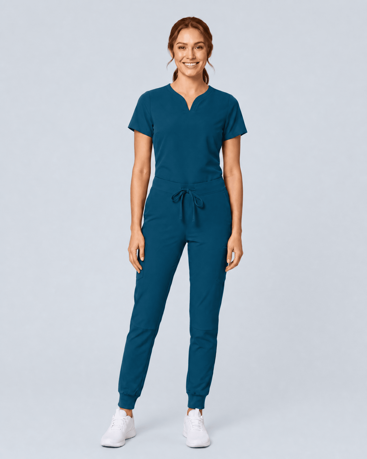 Women's Curved V-neck Top Caribbean Blue - Scrubloop