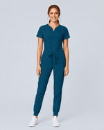 Women's Curved V-neck Top Caribbean Blue - Scrubloop