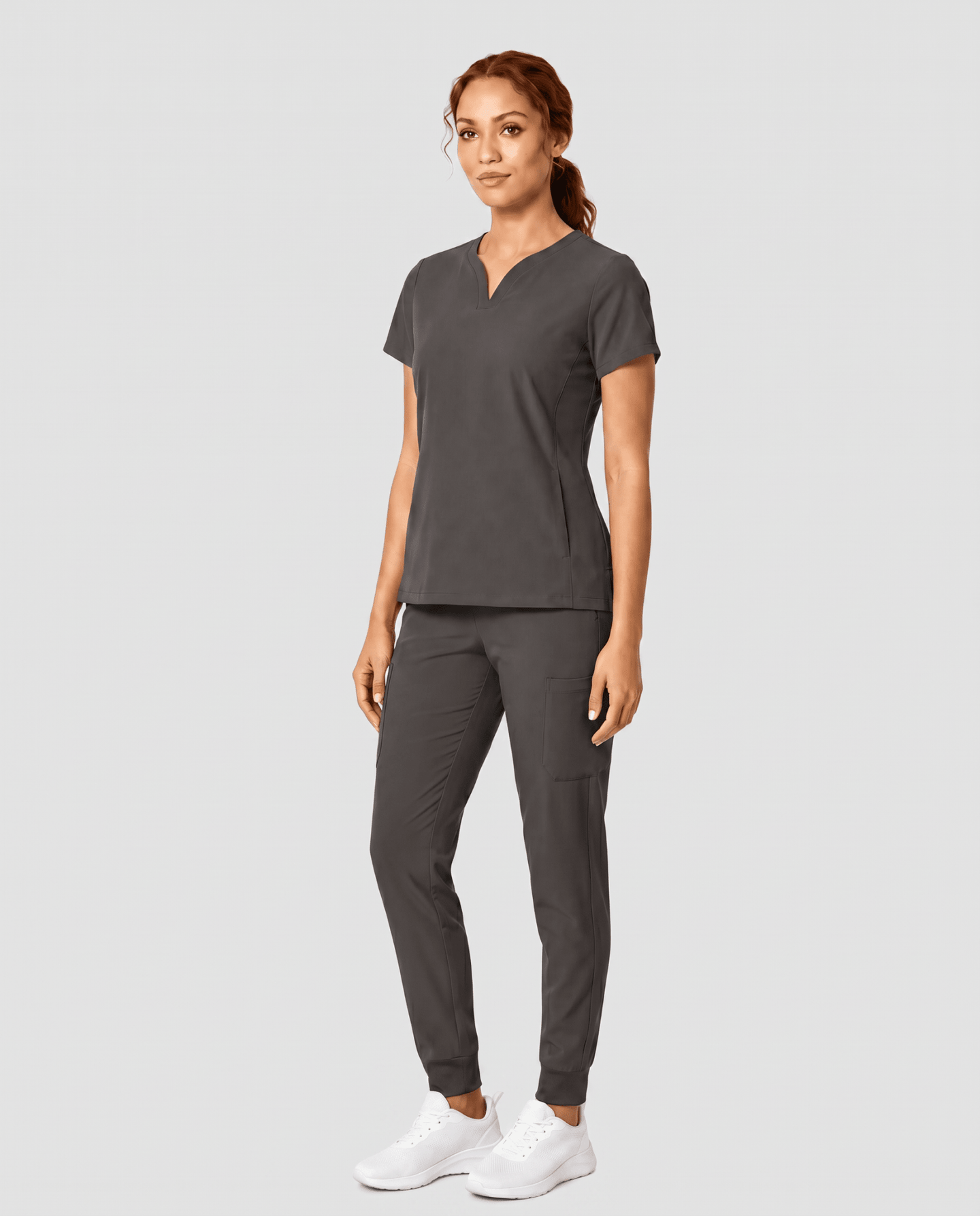 Women's Curved V-neck Top Charcoal - Scrubloop