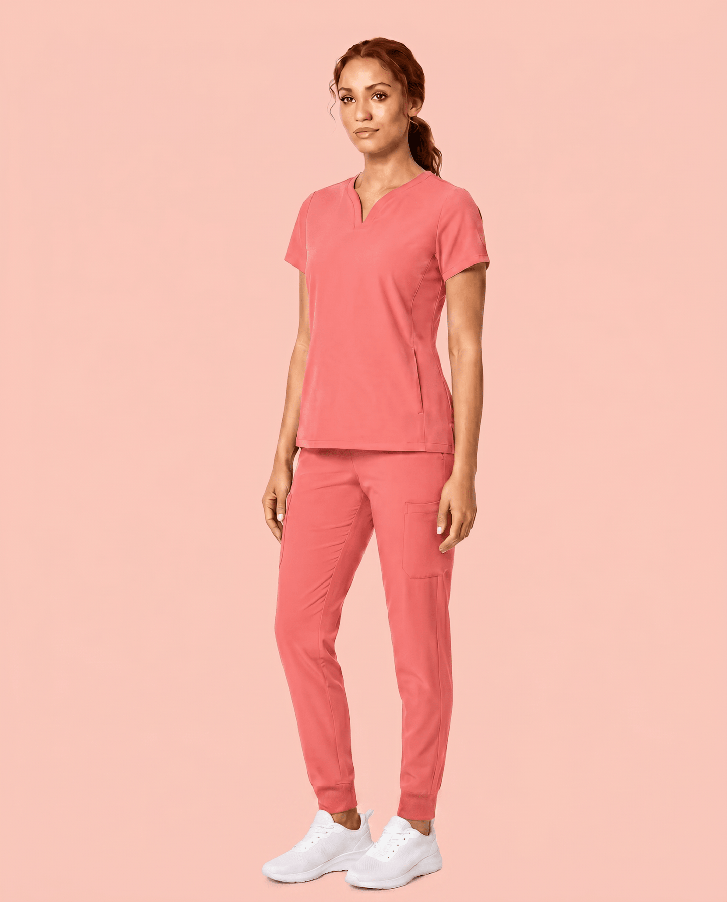 Women's Curved V-neck Top Coral - Scrubloop