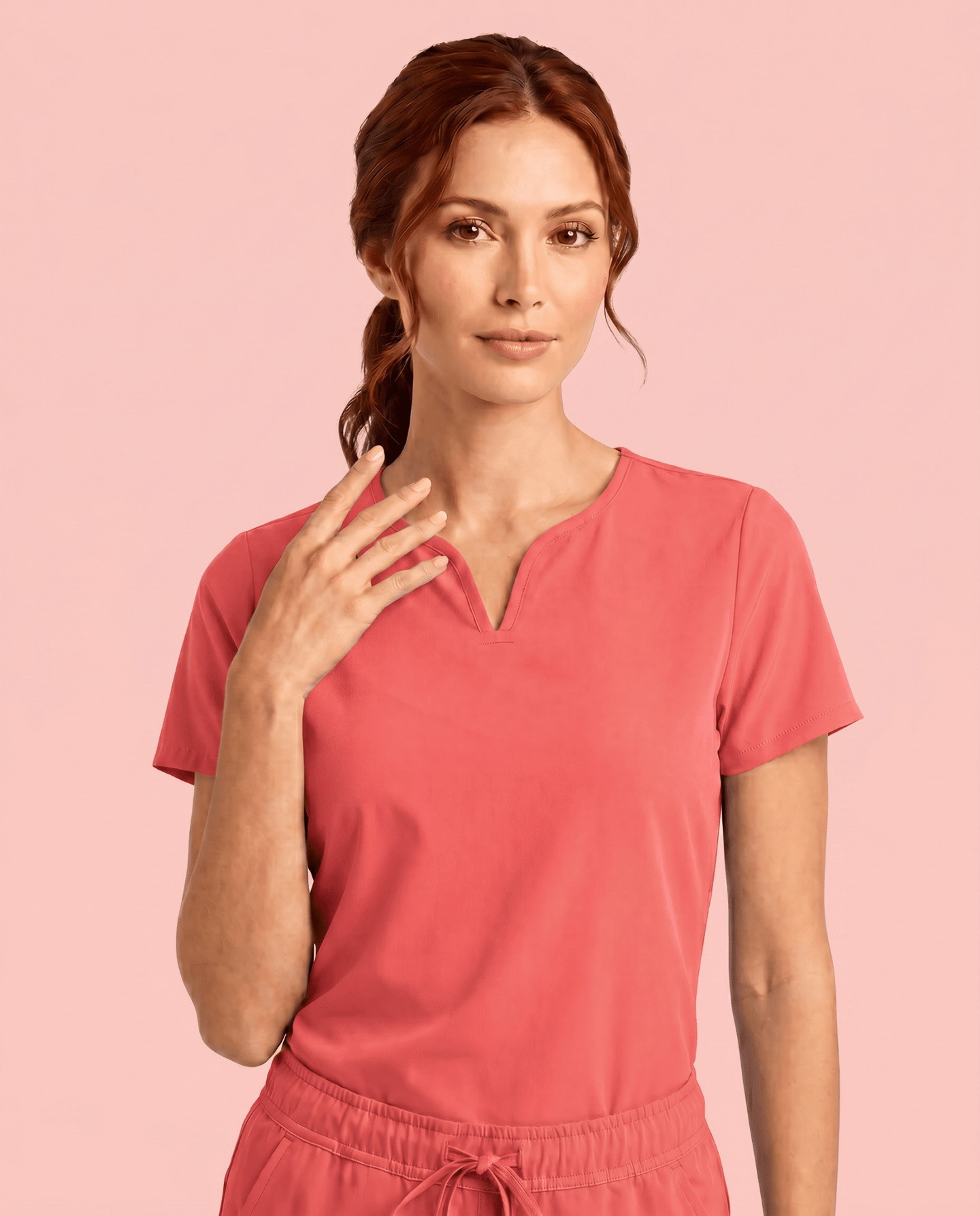 Women's Curved V-neck Top Coral - Scrubloop