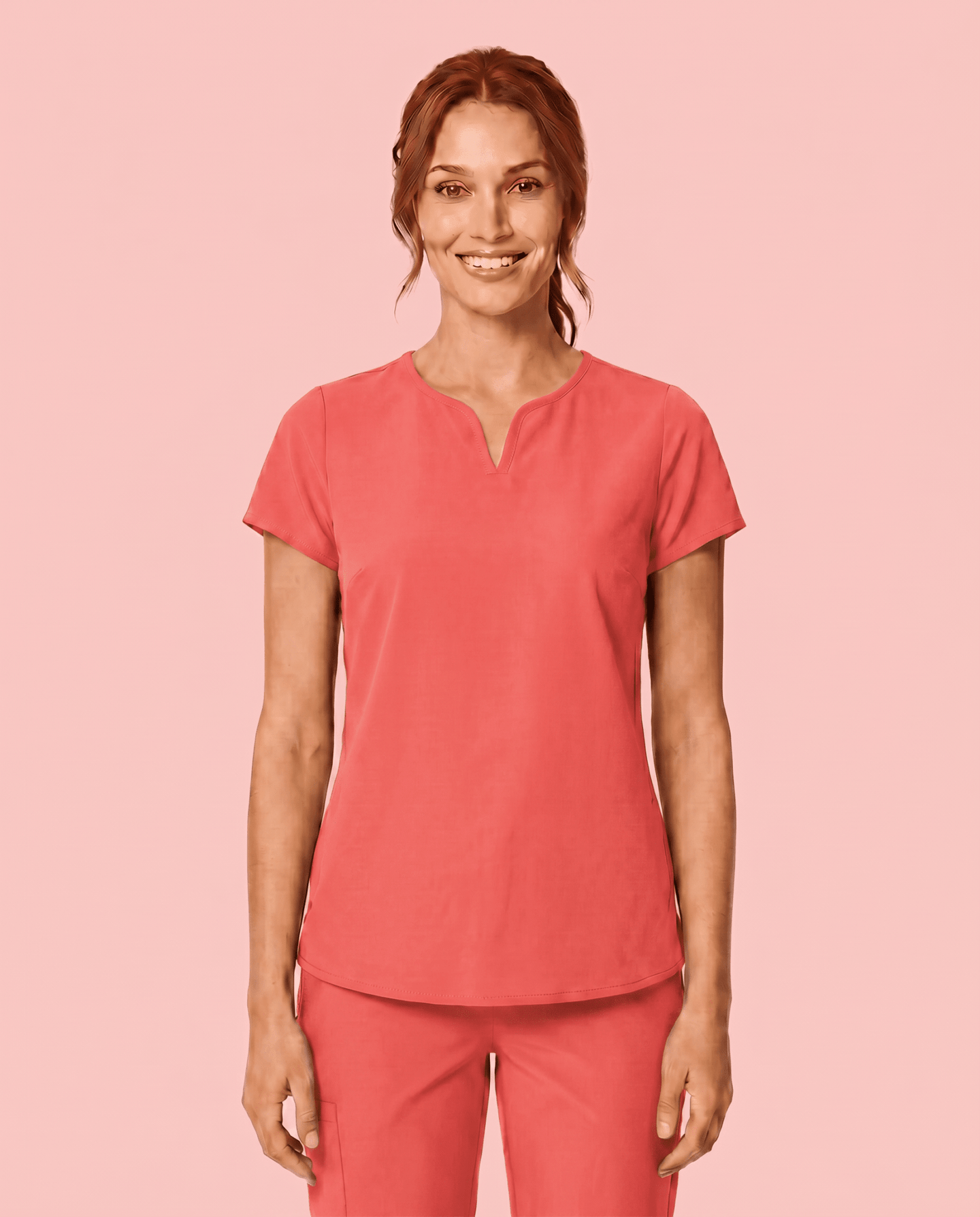 Women's Curved V-neck Top Coral - Scrubloop