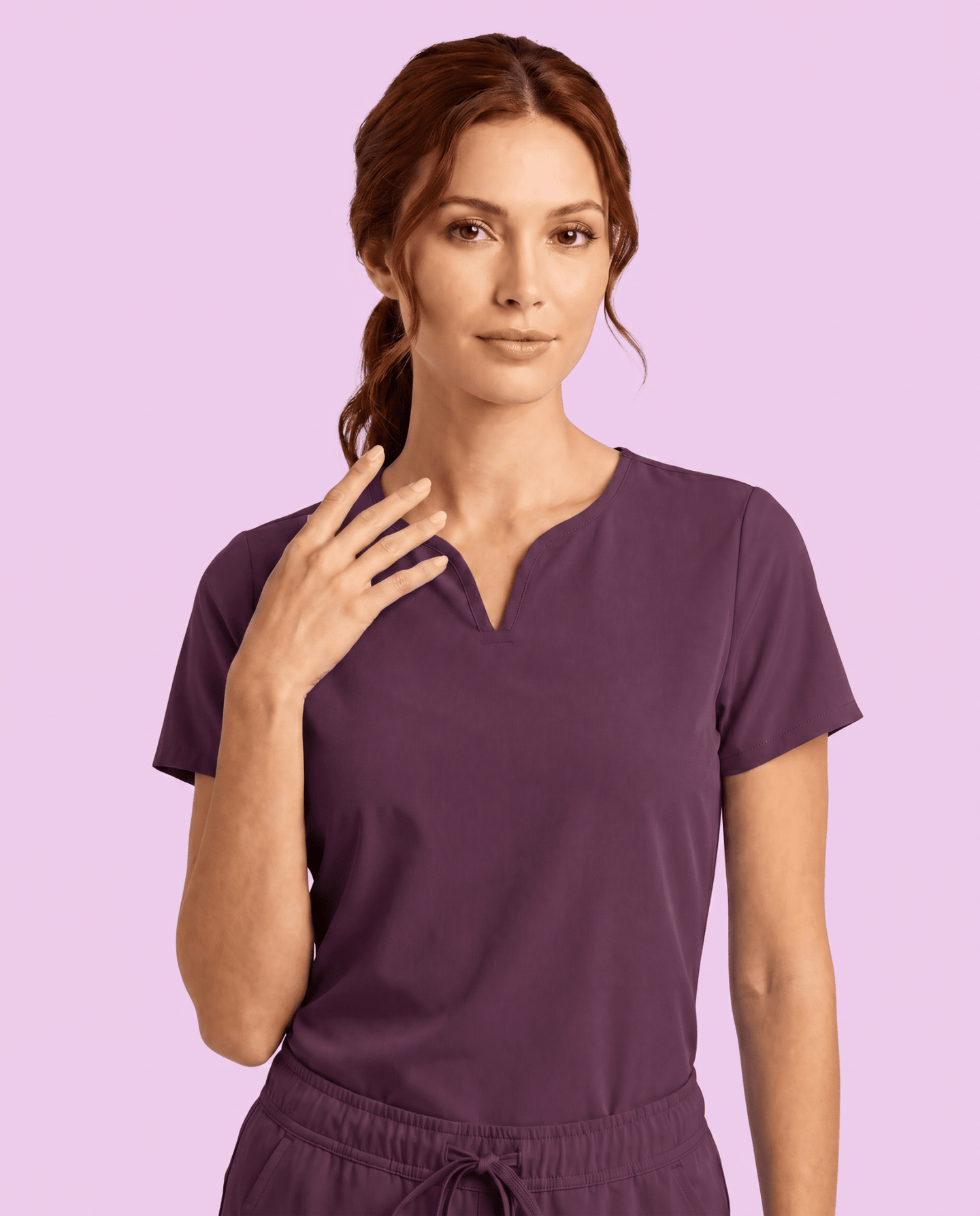 Women's Curved V-neck Top Deep Eggplant - Scrubloop