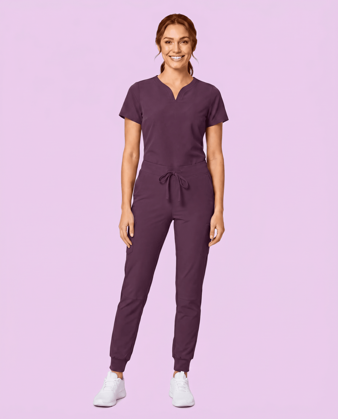 Women's Curved V-neck Top Deep Eggplant - Scrubloop