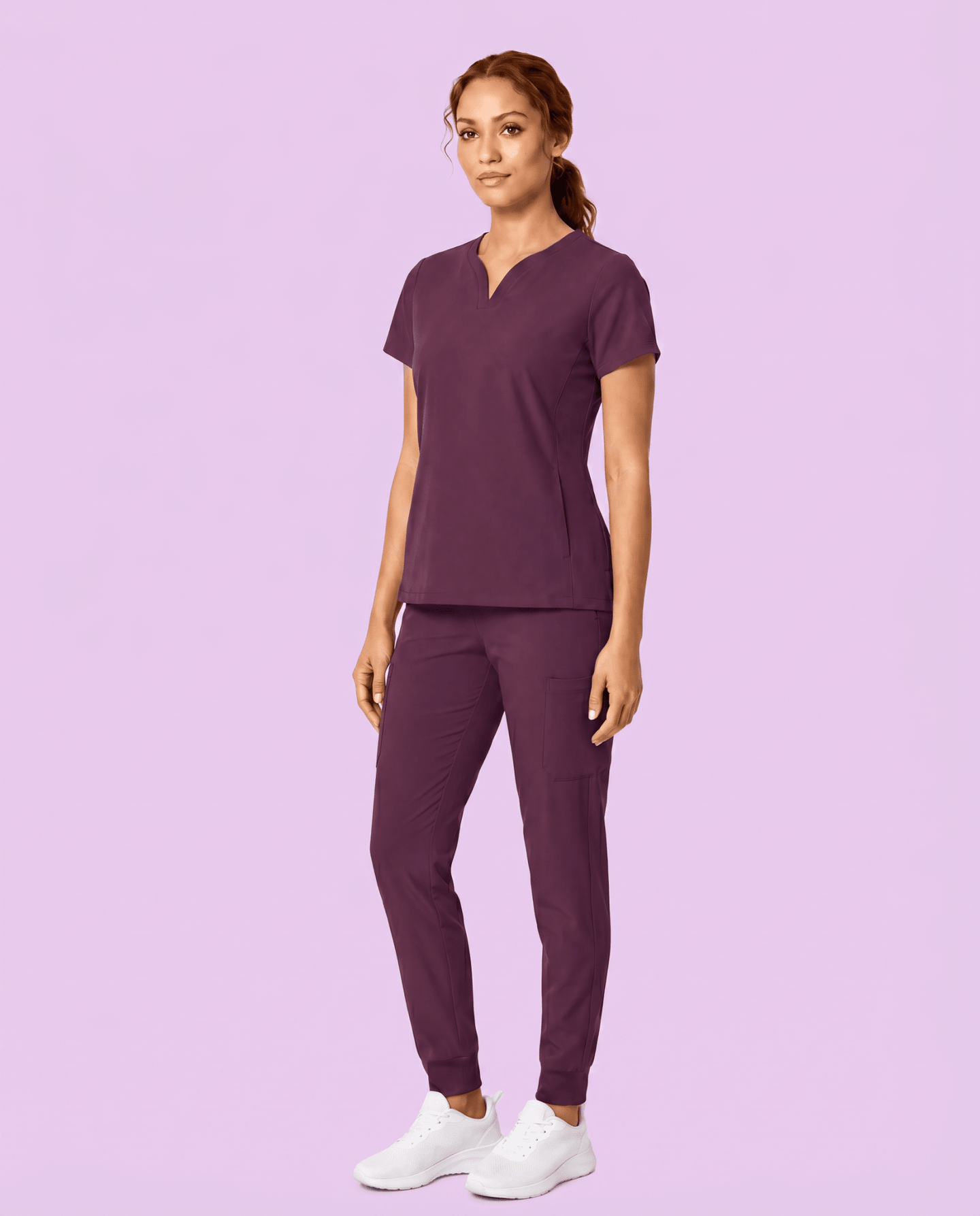 Women's Curved V-neck Top Deep Eggplant - Scrubloop