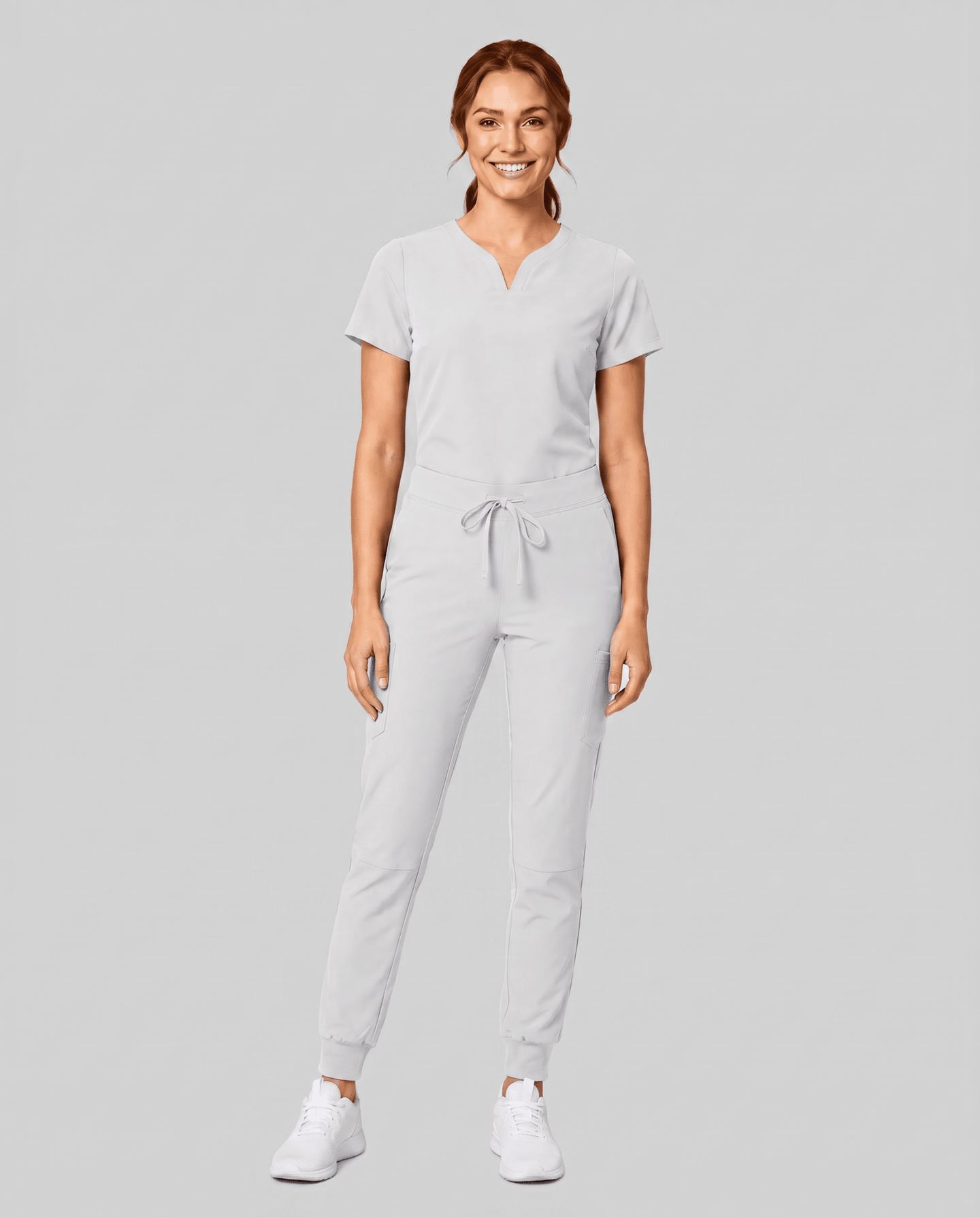 Women's Curved V-neck Top White - Scrubloop