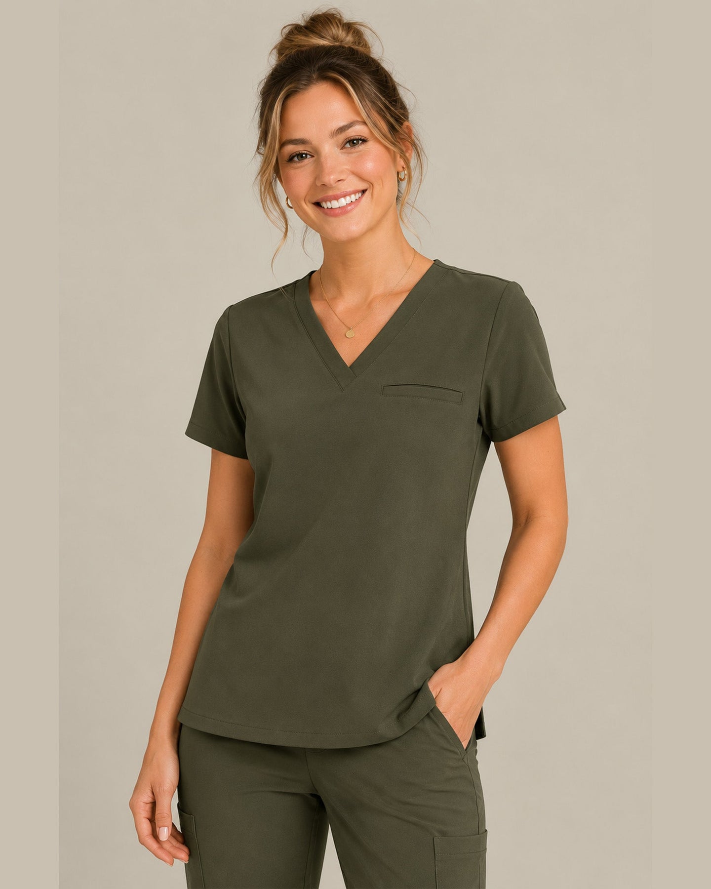 Women's One-Pocket V-neck Scrub Top Olive - Scrubloop