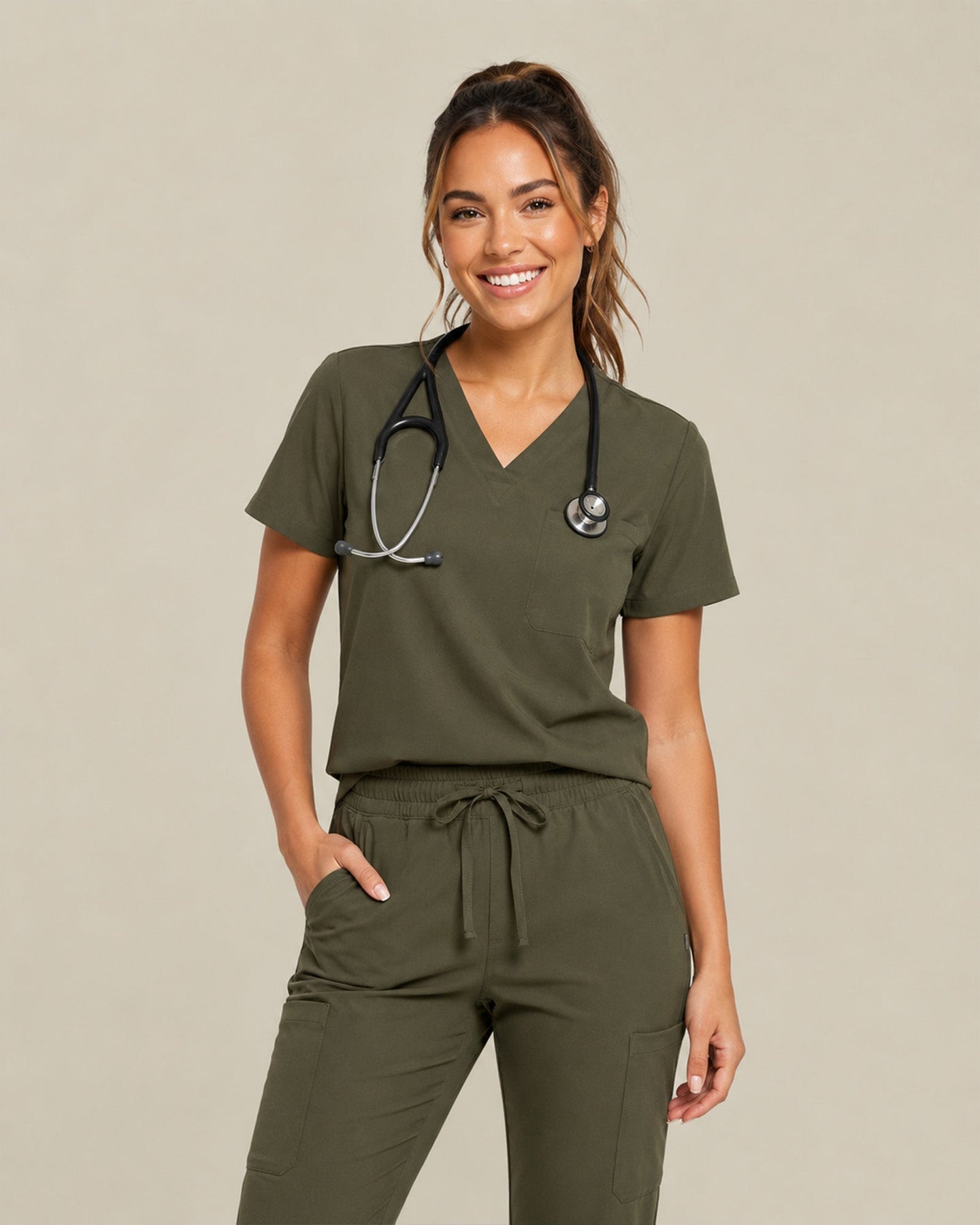 Women's One-Pocket V-neck Scrub Top Olive - Scrubloop