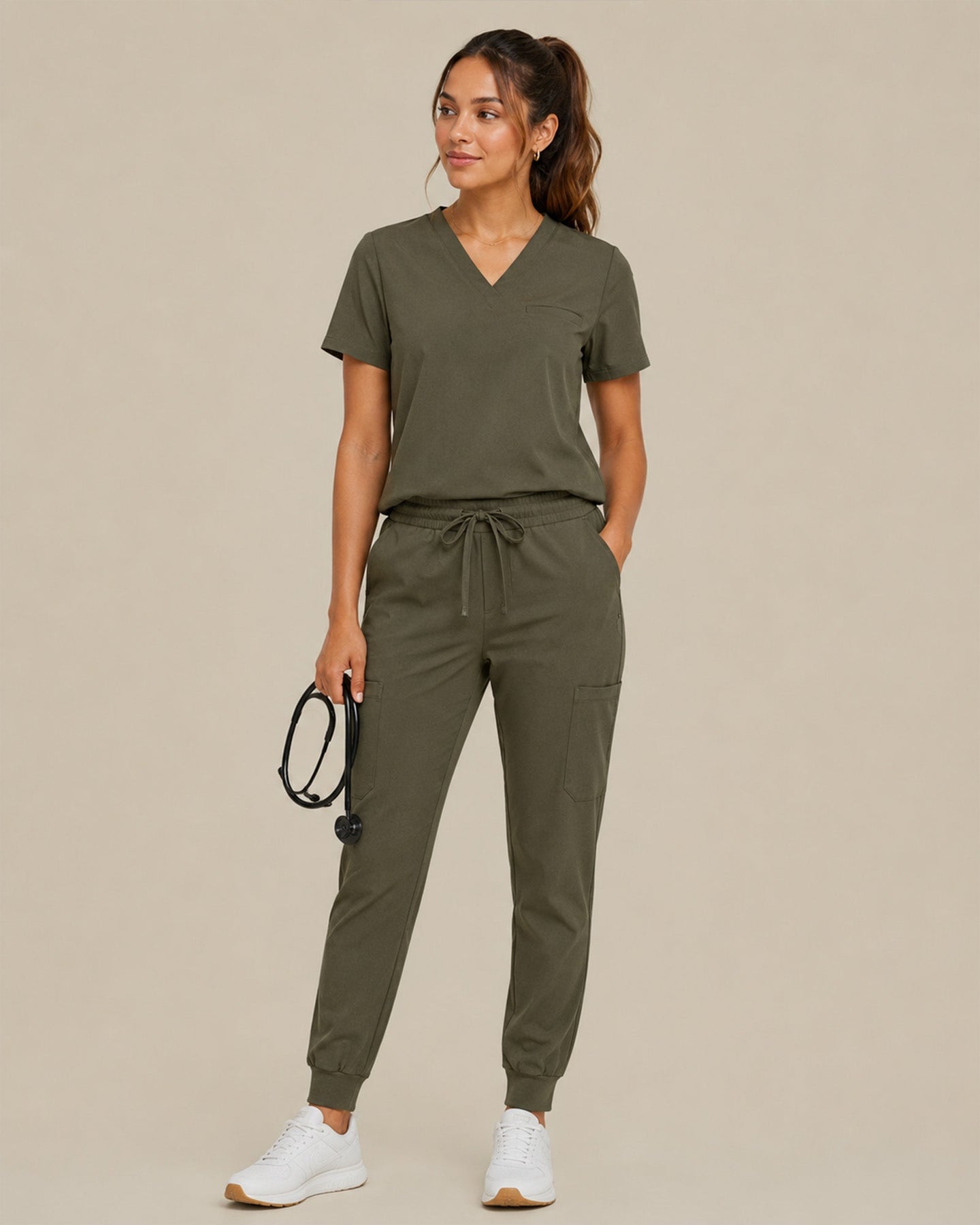 Women's One-Pocket V-neck Scrub Top Olive - Scrubloop