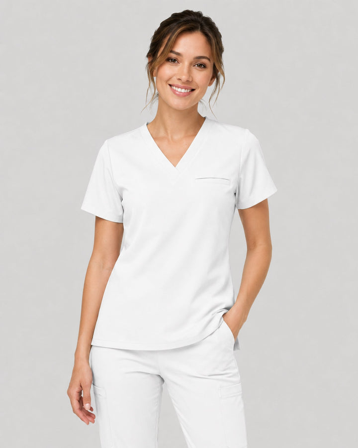 Women's One-Pocket V-neck Scrub Top White