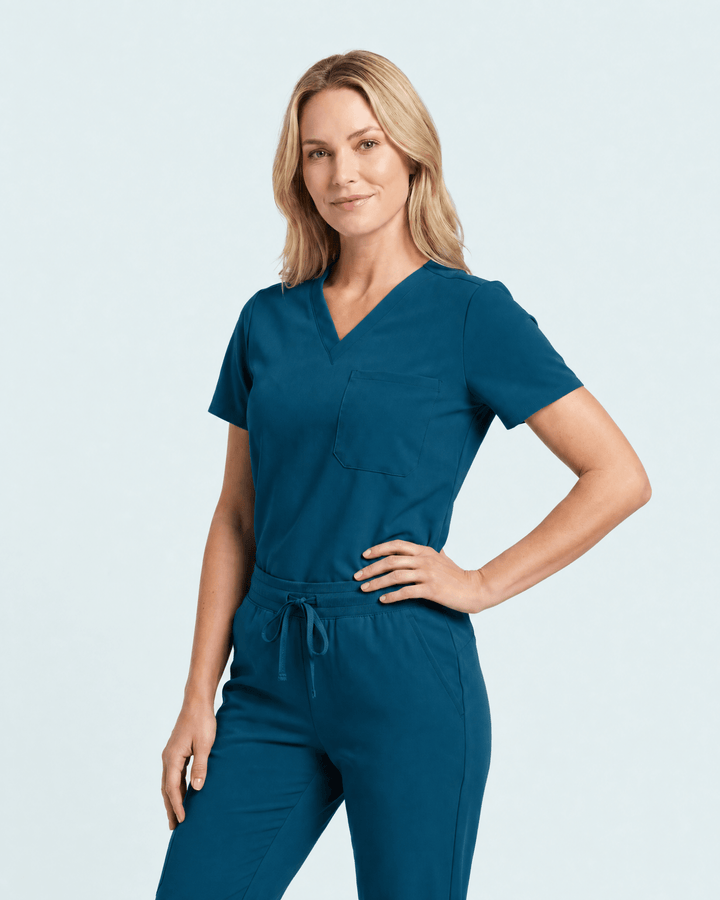 Women's Slim One-Pocket V-neck Top Caribbean Blue