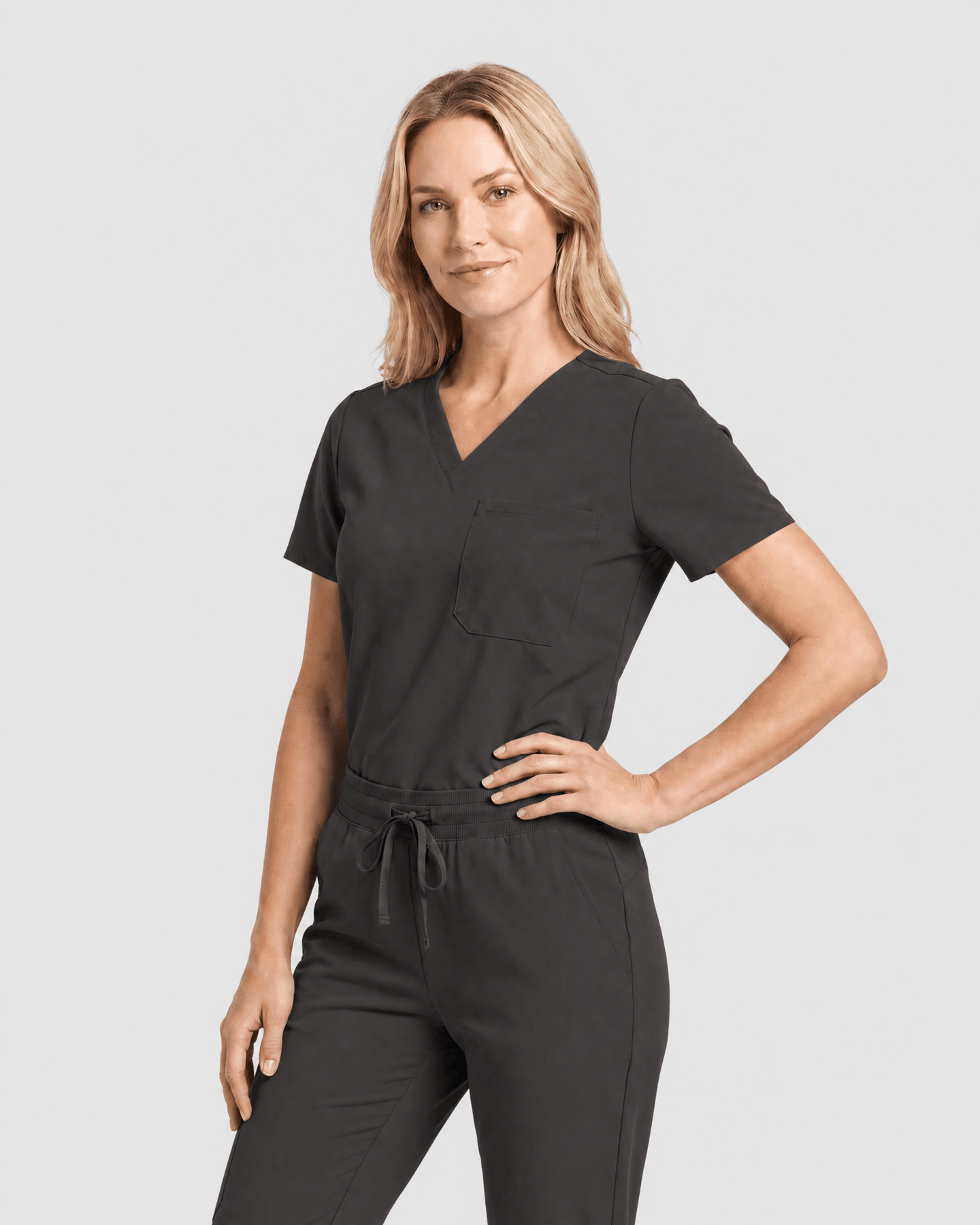 Women's Slim One-Pocket V-neck Top Charcoal - Scrubloop