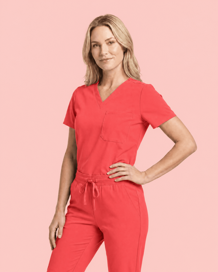 Women's Slim One-Pocket V-neck Top Coral