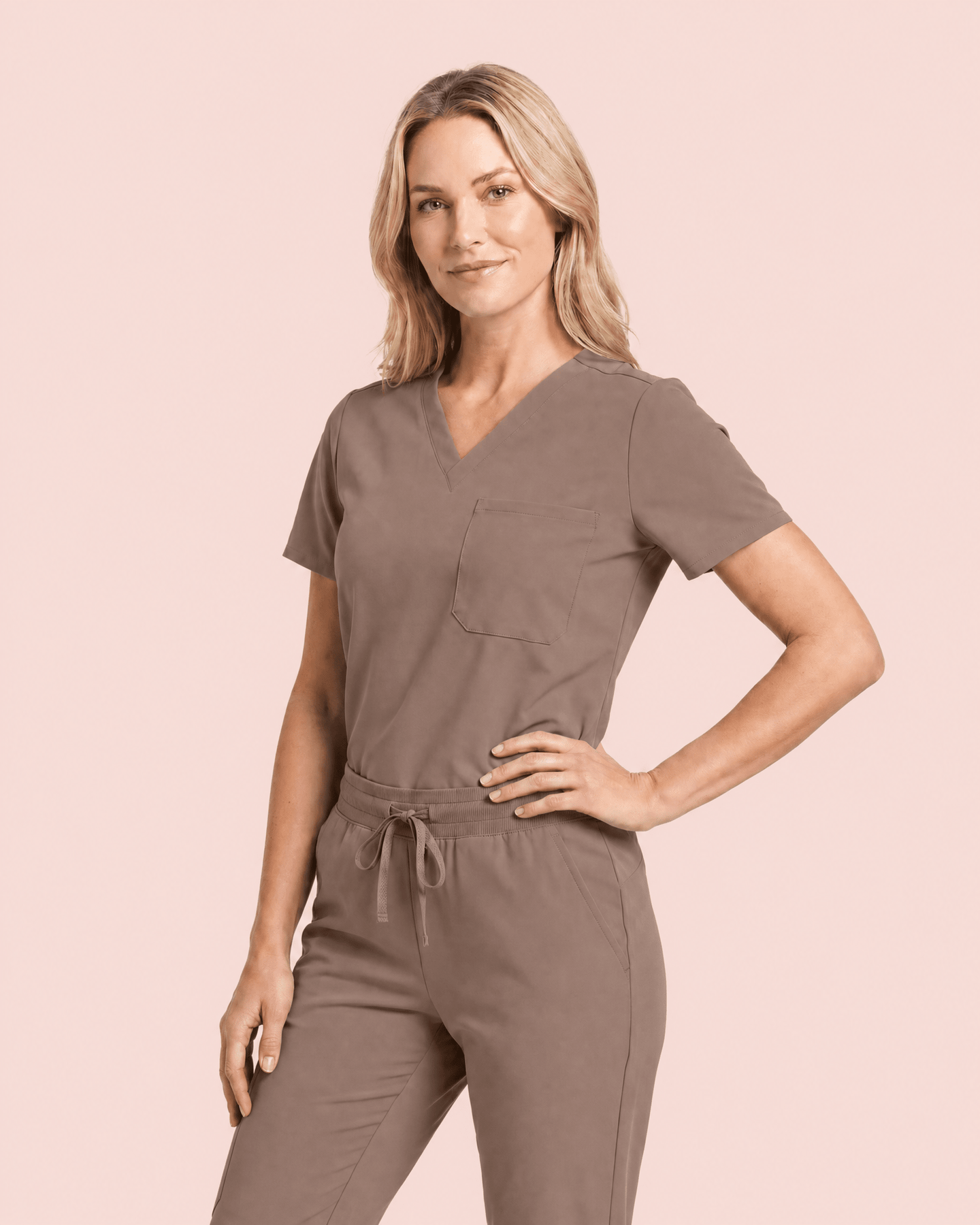 Women's Slim One-Pocket V-neck Top Mocha - Scrubloop