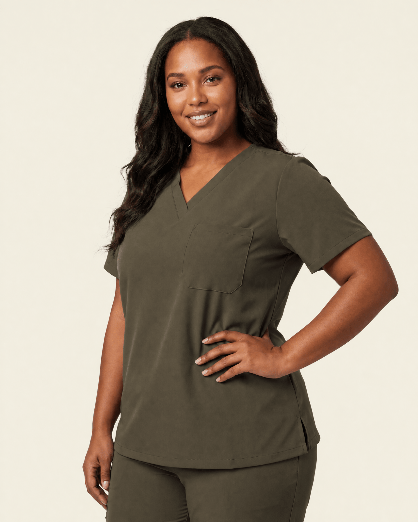 Women's Slim One-Pocket V-neck Top Olive - Scrubloop