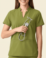 Women's Stand Collar Notch Neck Top Avocado - Scrubloop