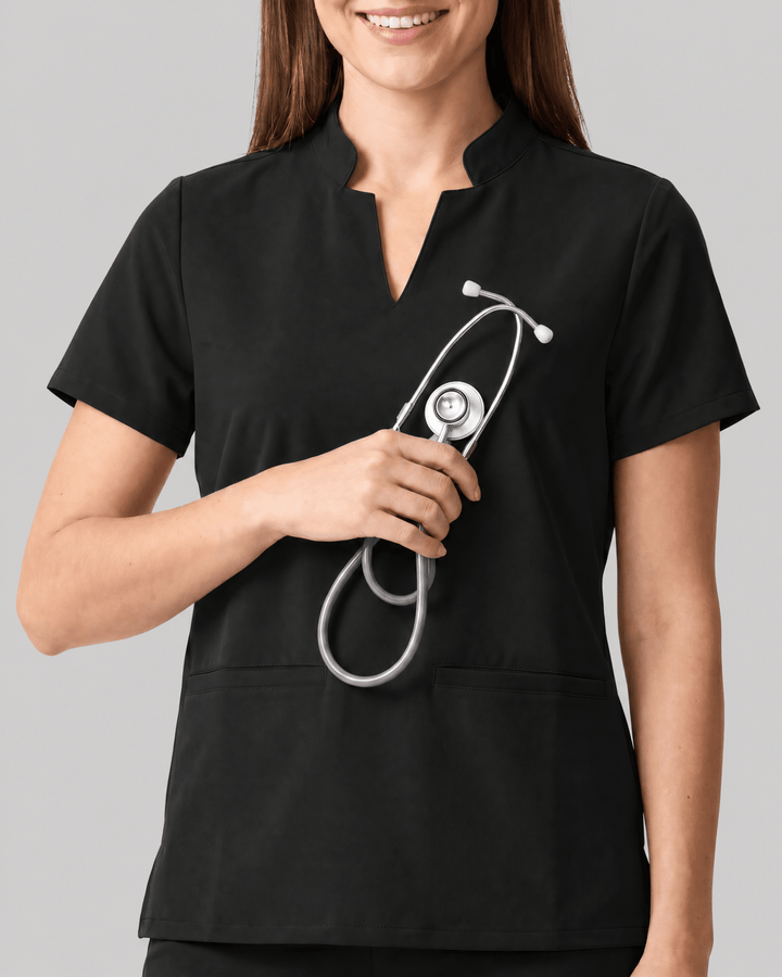 Women's Stand Collar Notch Neck Top Black