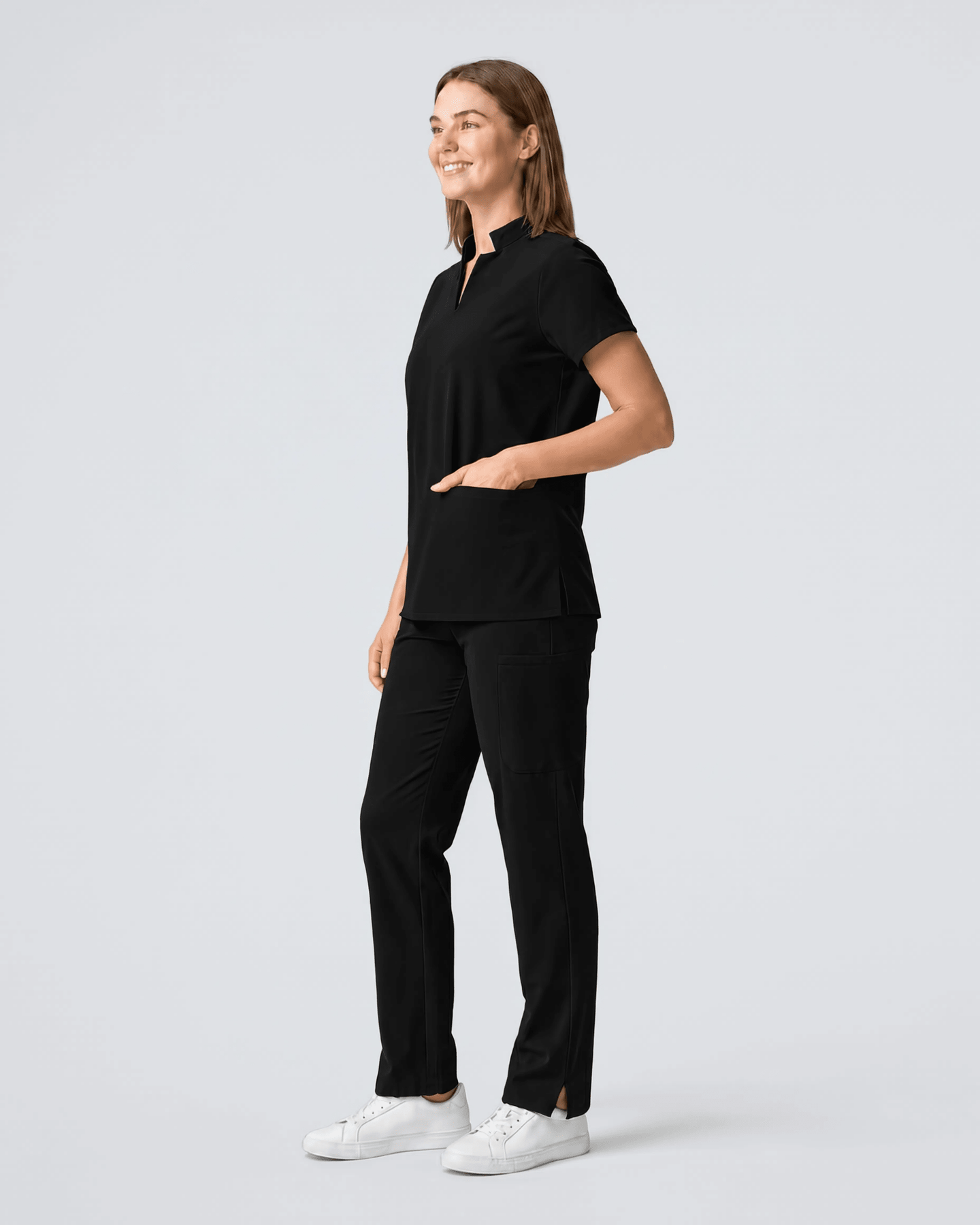 Women's Stand Collar Notch Neck Top Black - Scrubloop