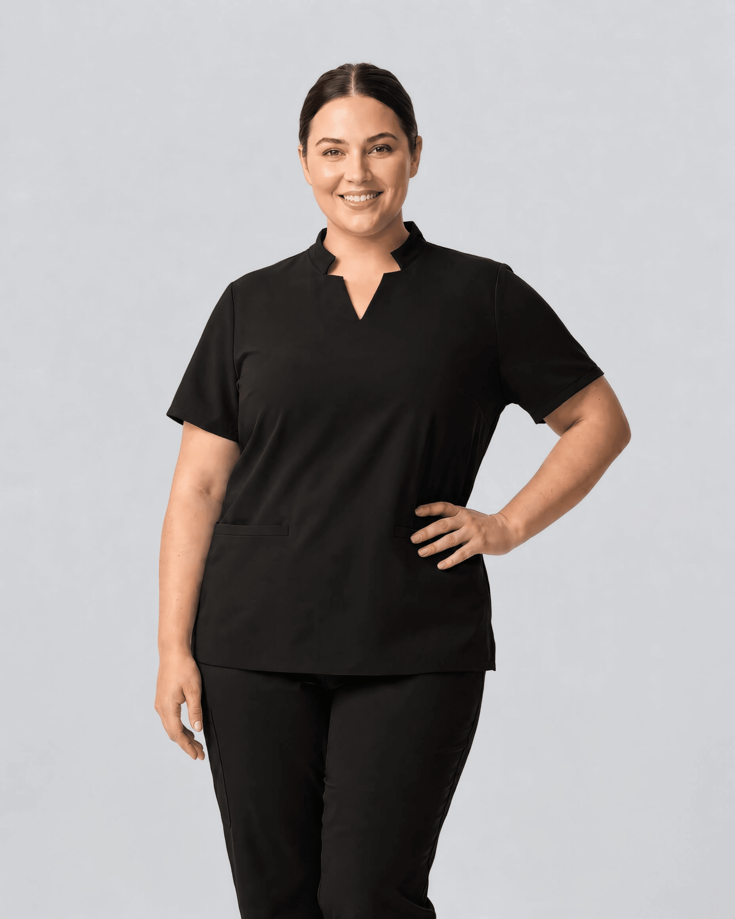Women's Stand Collar Notch Neck Top Black - Scrubloop