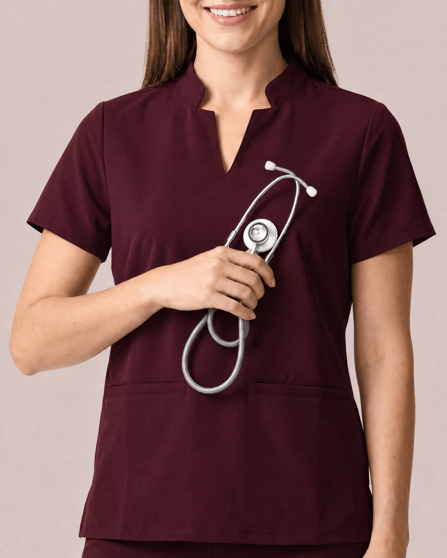 Women's Stand Collar Notch Neck Top Burgundy - Scrubloop