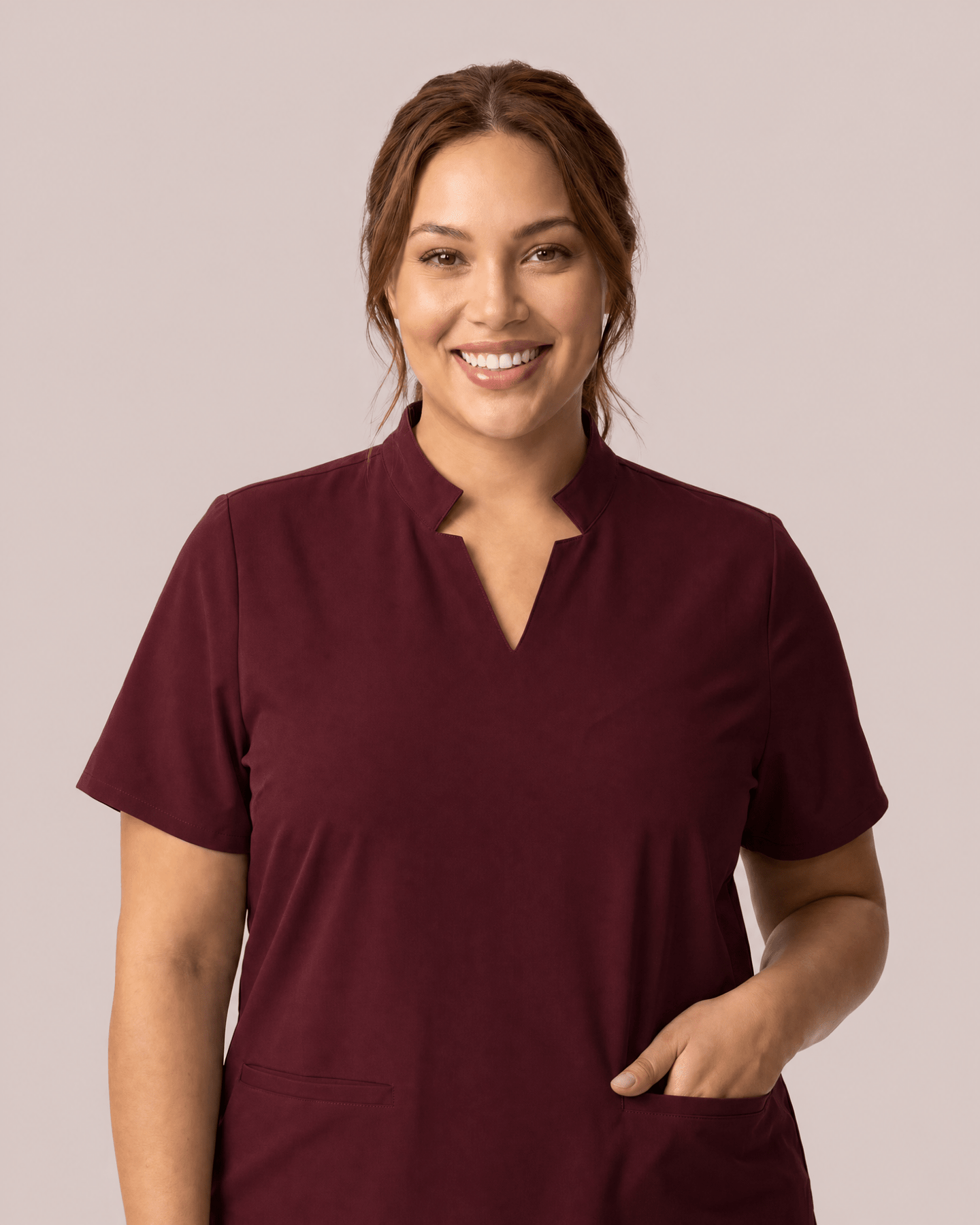 Women's Stand Collar Notch Neck Top Burgundy - Scrubloop