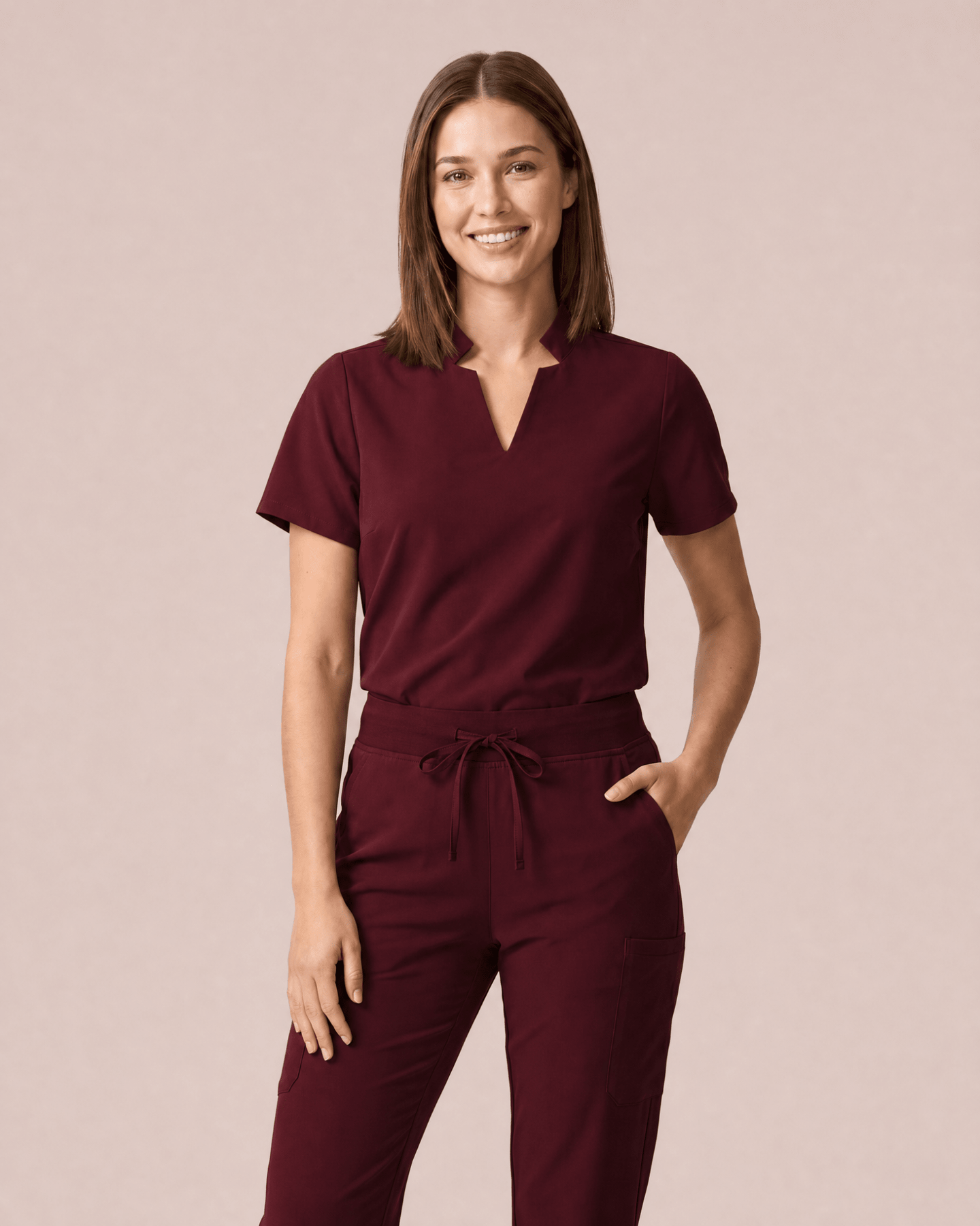 Women's Stand Collar Notch Neck Top Burgundy - Scrubloop
