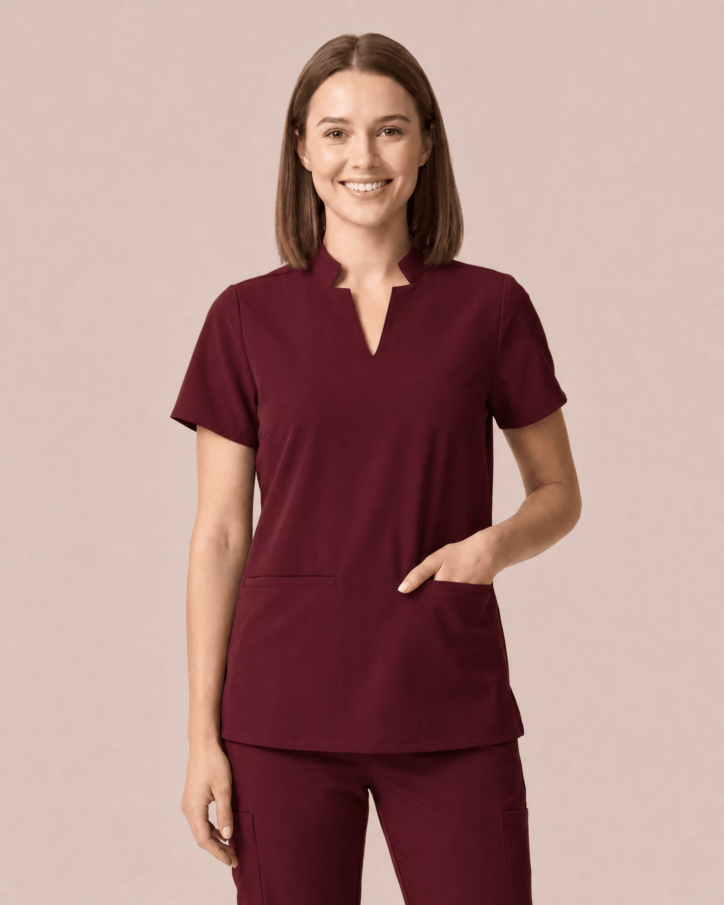 Women's Stand Collar Notch Neck Top Burgundy - Scrubloop