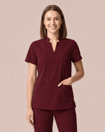 Women's Stand Collar Notch Neck Top Burgundy - Scrubloop
