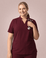 Women's Stand Collar Notch Neck Top Burgundy - Scrubloop