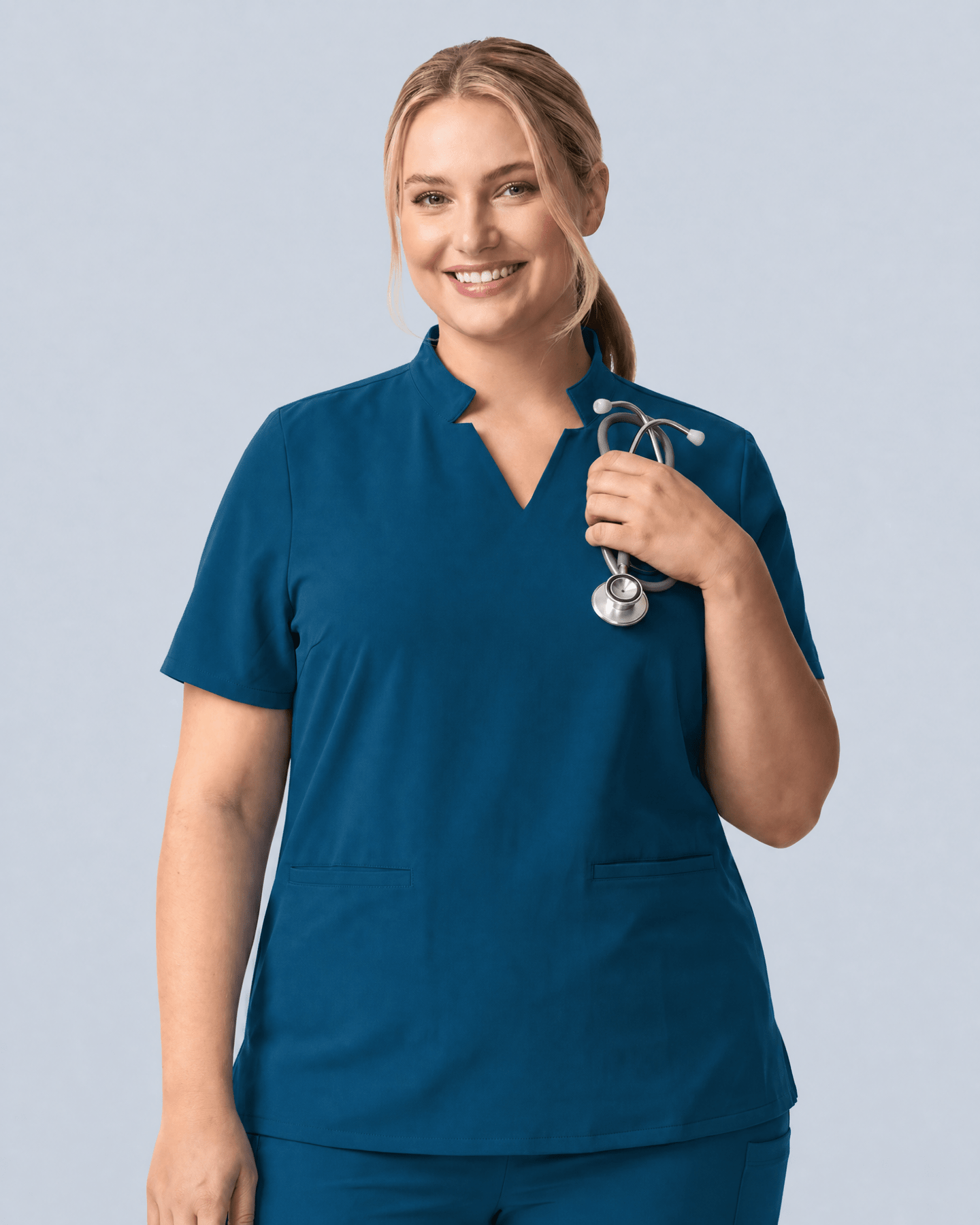 Women's Stand Collar Notch Neck Top Caribbean Blue - Scrubloop