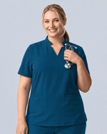 Women's Stand Collar Notch Neck Top Caribbean Blue - Scrubloop