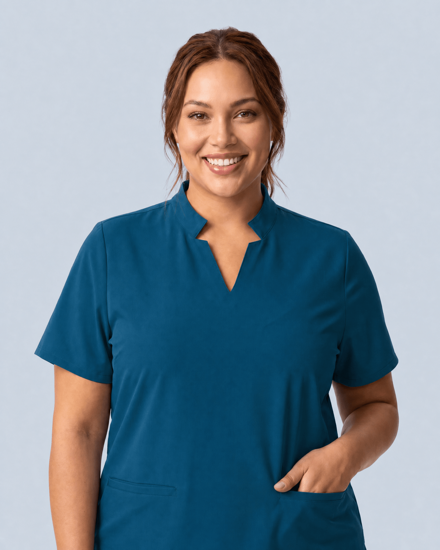 Women's Stand Collar Notch Neck Top Caribbean Blue - Scrubloop
