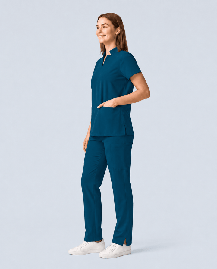 Women's Stand Collar Notch Neck Top Caribbean Blue