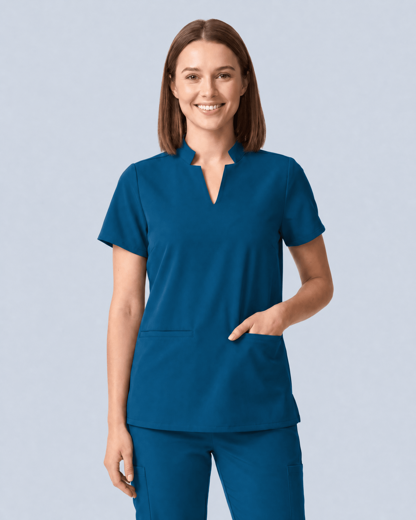 Women's Stand Collar Notch Neck Top Caribbean Blue - Scrubloop