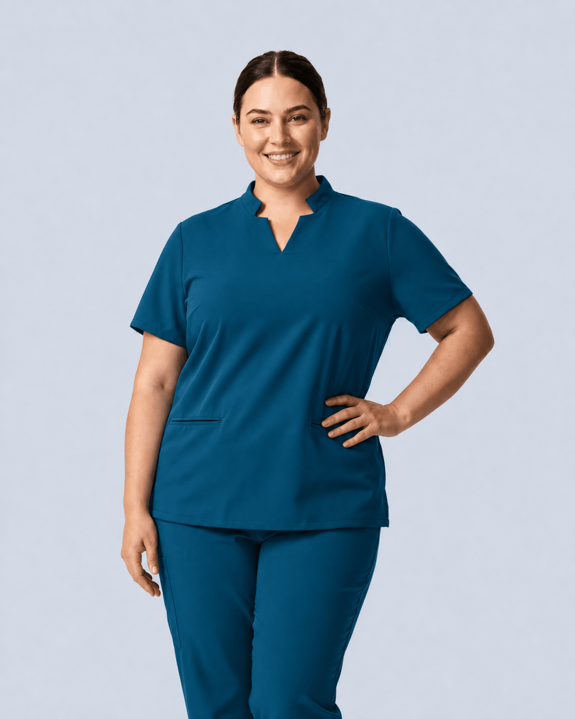 Women's Stand Collar Notch Neck Top Caribbean Blue - Scrubloop
