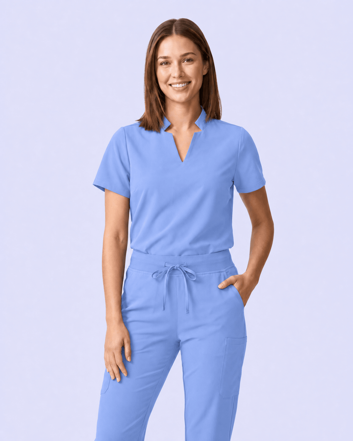 Women's Stand Collar Notch Neck Top Ceil Blue