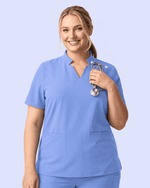 Women's Stand Collar Notch Neck Top Ceil Blue - Scrubloop