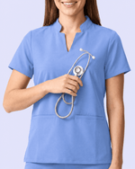 Women's Stand Collar Notch Neck Top Ceil Blue - Scrubloop